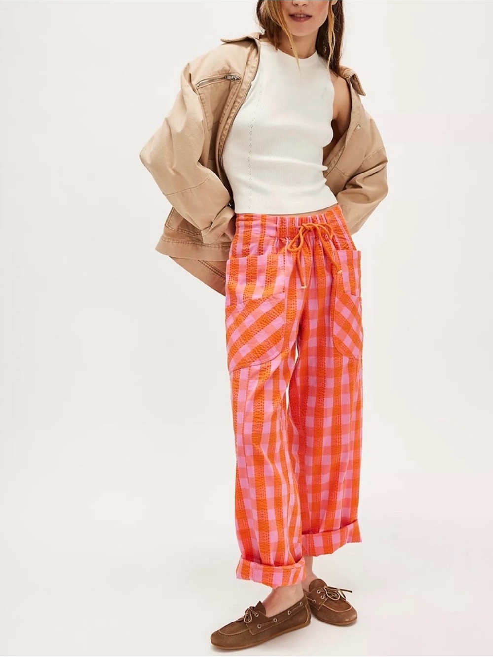 Free People Chime Gingham Pink Carnation Orange Cargo Barrel Pants Size Large